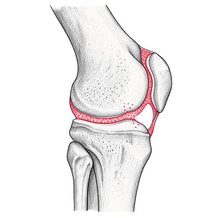 Side view of a knee joint with the joint lining highlighted and small flecks coming off the cartilage